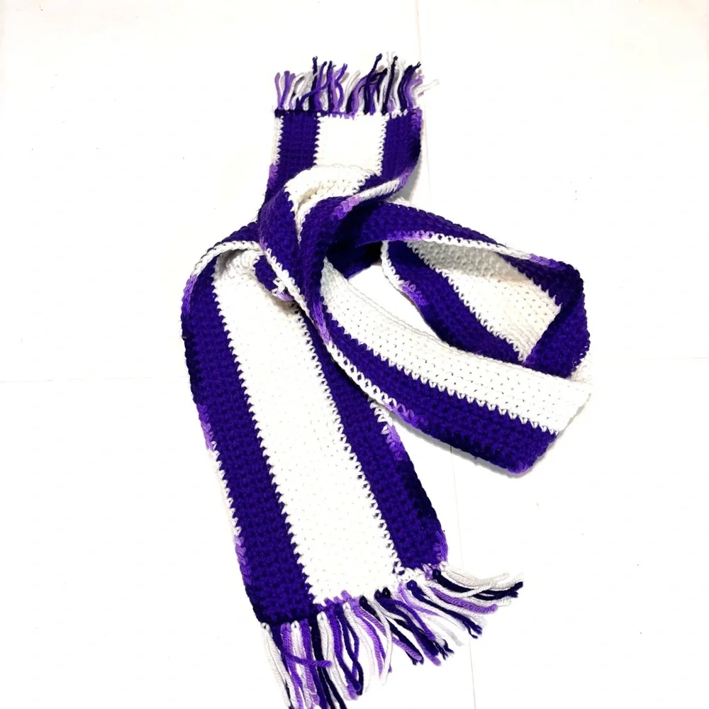 Vibrant Purple and White Knit Scarf